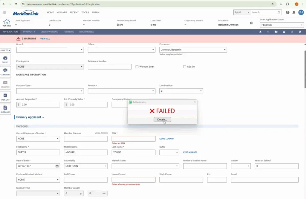 MeridianLink dashboard showing failed ID authentication